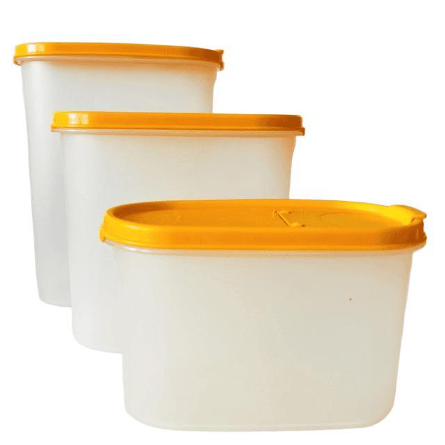 Nice set of three vintage Tupperware space-saving storage jars, Modular mates, with ochre yellow orange lids from the...