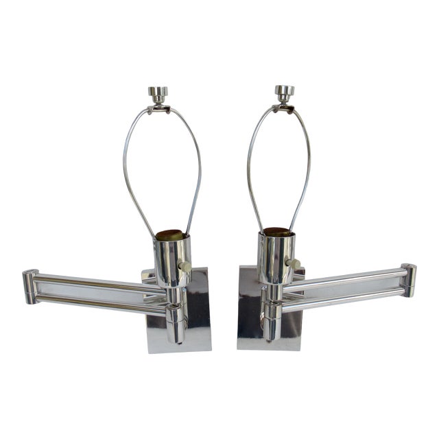 Vintage C.1970s Georg W. Hanson for Hanson Lighting Co.Signed Chrome Plated Swing-Arm Wall Sconces - a Pair For Sale