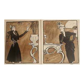 1945 Rare Find-Set of 2 Mid-Century French Fashion Prints-Schiaparelli, Balenciaga-by Gruau For Sale