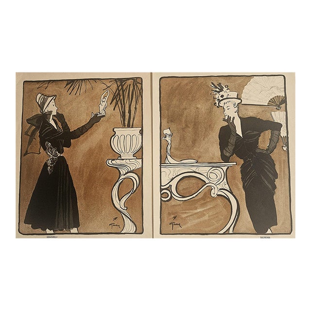 1945 Rare Find-Set of 2 Mid-Century French Fashion Prints-Schiaparelli, Balenciaga-by Gruau For Sale