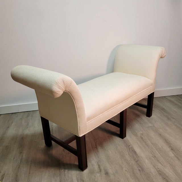 Late 20th Century Upholstered Scroll Arm Bench in Cream Textured Fabric With Mahogany Base For Sale - Image 5 of 8