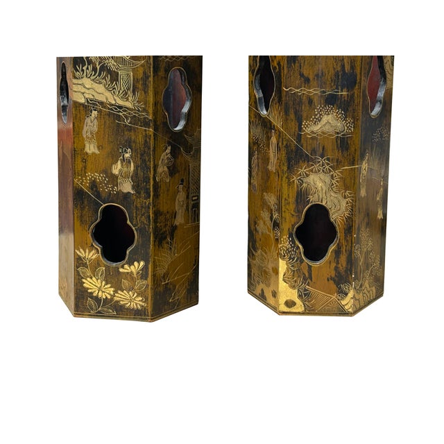 Pair Chinese Matte Gold Scenery Hexagonal Display Wood Brush Pots Vase For Sale - Image 17 of 18