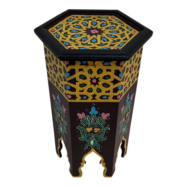 Moroccan Hexagonal Hand Painted Wooden Side Table in Maroon Zouak For Sale
