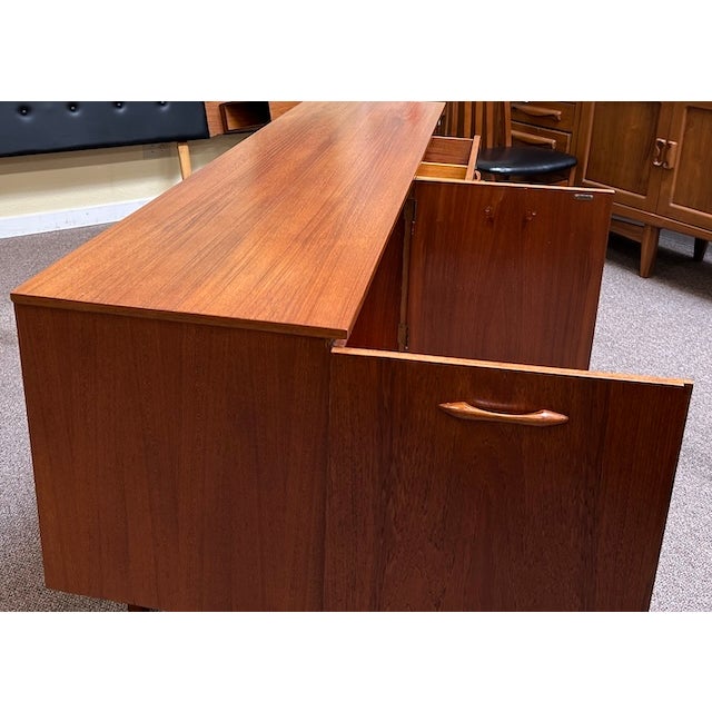 Brown Mid Century Modern Teak Credenza c.1960 Left Side Cabinet W/ Shelf and Drawers. For Sale - Image 8 of 14