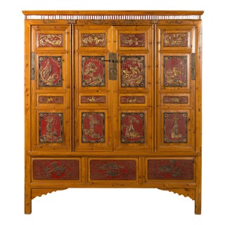 19th Century Large Chinese Qing Dynasty 19th Century Cabinet with Hand-Carved and Gilt Panels For Sale