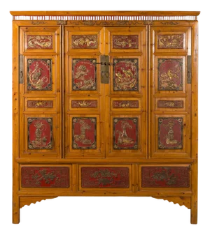 19th Century Large Chinese Qing Dynasty 19th Century Cabinet with Hand-Carved and Gilt Panels
