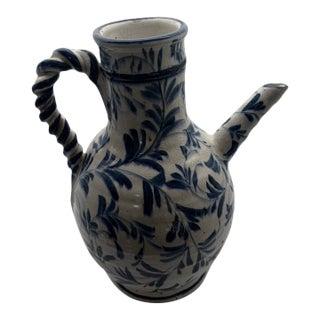 Antique Spanish Fajalauza Granada Blue & White Hand Painted Ceramic Jarra 15” For Sale