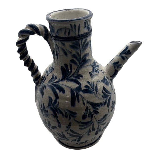 Antique Spanish Fajalauza Granada Blue & White Hand Painted Ceramic Jarra 15” For Sale