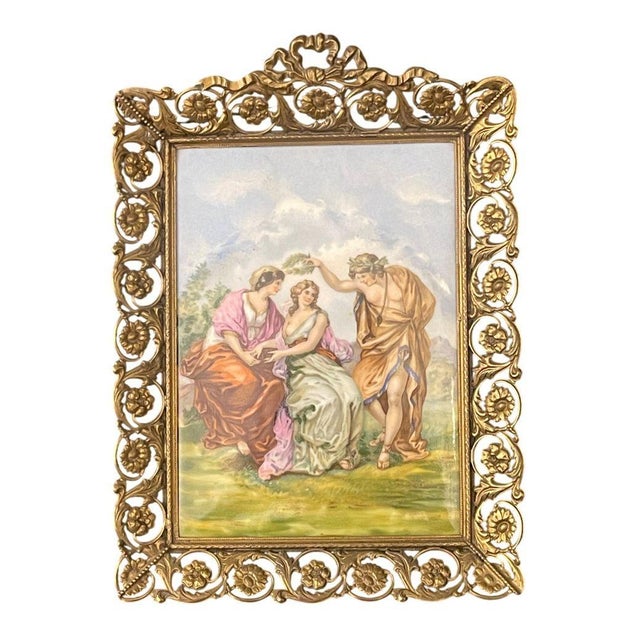 French Pair French Limoges Porcelain Plaques in Ornate Gilt Metal Frames. Early 20th C. For Sale - Image 3 of 10