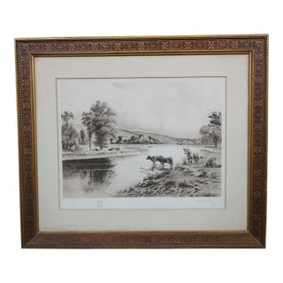 Antique William De La Montagne Cary Signed Bulls Cows River Landscape Etching For Sale
