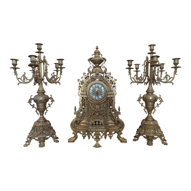 Antique Italian Brass Mantle Clock and Double Candelabra Set - 3 Pieces For Sale