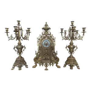 Antique Italian Brass Mantle Clock and Double Candelabra Set - 3 Pieces