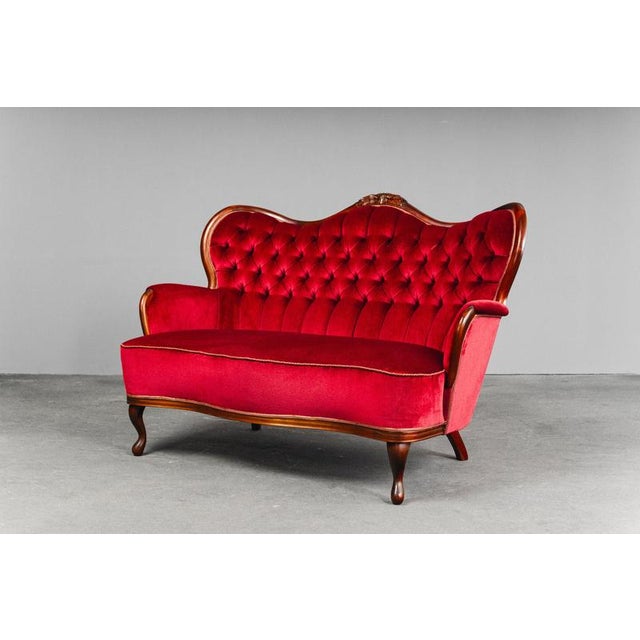 Red Vintage Baroque-Style Velvet Sofa For Sale - Image 8 of 18