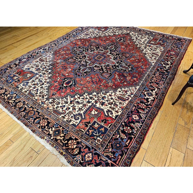 Vintage Persian Heriz Rug, Hand-Knotted Wool, Geometric Medallion Pattern, Brick-Red & Navy, 8x11 For Sale - Image 4 of 12