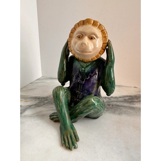 Shabby Chic Hear No Evil Monkey Majolica Style Ceramic Sculpture For Sale - Image 3 of 8