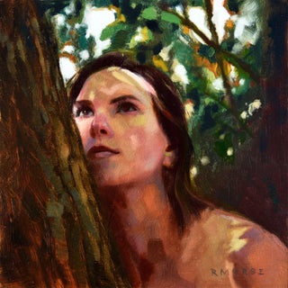 Nature by Ryan Morse | Oil on panel Woman leaning against a tree in a natural setting. For Sale