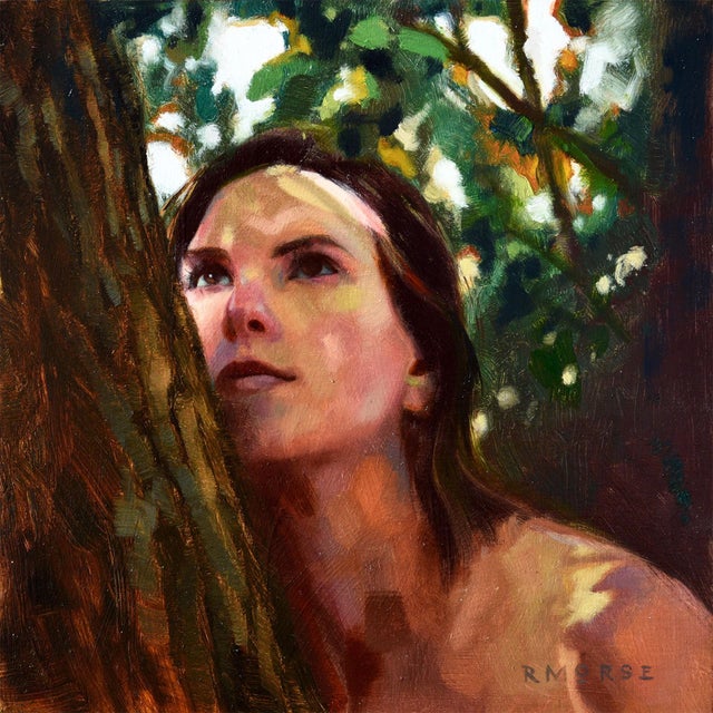 Nature by Ryan Morse | Oil on panel Woman leaning against a tree in a natural setting. For Sale