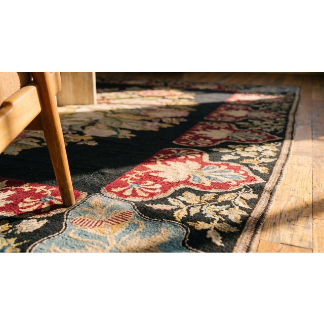 1890s Black Roses Folk Art Antique French Needlepoint Rug 5'2" X 8'8" Flatweave Wool Carpet For Sale - Image 9 of 9