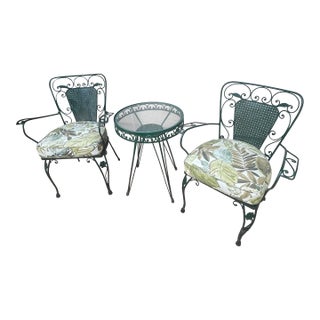 Mid Century Iron Furniture Outdoor Patio Set, 2 Iron Single Chairs and Round Table For Sale