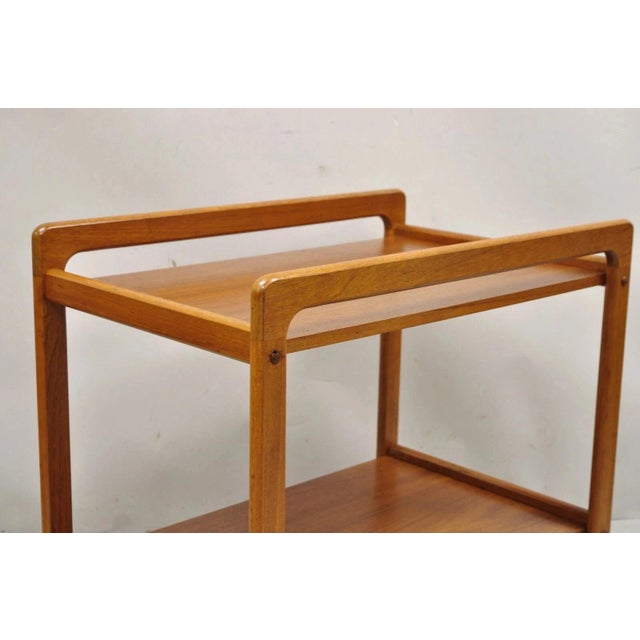 Late 20th Century Vintage Mid Century Danish Modern Teak Wood 2 Tier Rolling Bar Cart Side Table For Sale - Image 5 of 12