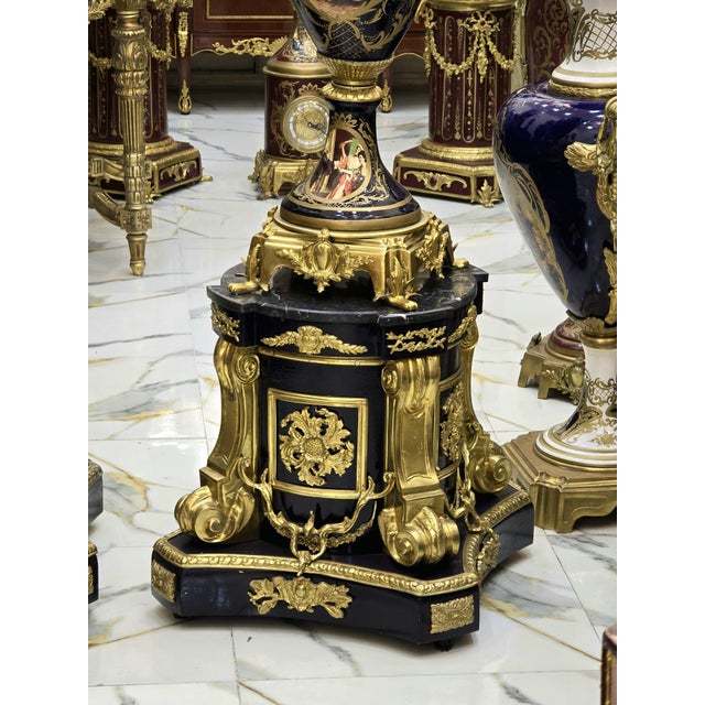 Metal Sevres-Style Porcelain Vases With Pedestals – Hand-Painted Gilt Bronze, Pair For Sale - Image 7 of 14