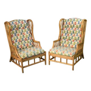 Pair of Bent Rattan Wingback Chairs For Sale