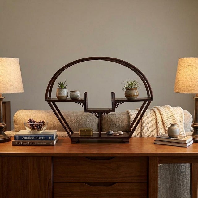 Wood Chinese Oriental Brown Wood Arch Cone Small Curio Display Stand For Sale - Image 7 of 10