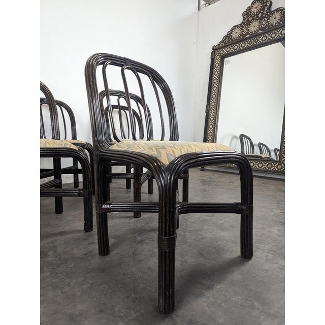 Textile Black Lacquered Rattan Chairs with Fabric Seats, 1970s, Set of 6 For Sale - Image 7 of 10