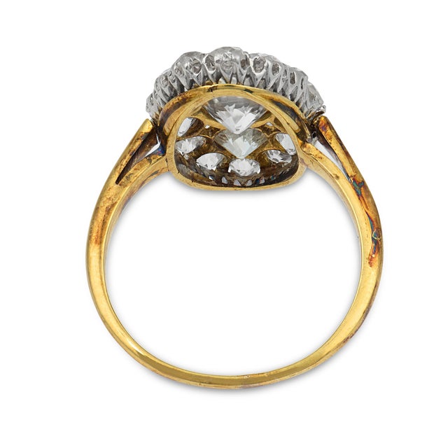 Early 20th Century Edwardian Old Cut Diamond Platinum 18k Yellow Gold Navette Ring, Size 8.25 For Sale In Los Angeles - Image 6 of 6