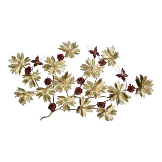 Signed John Cody Large Mixed Metal Brutalist Wall Sculpture Flowers Leaves Butterflies Detail For Sale