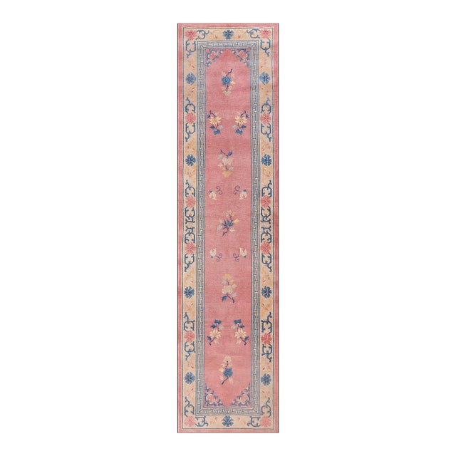 1930s Pink-Rose Floral Antique Chinese Peking Rug 3' X 11'8" Handknotted Wool Carpet For Sale