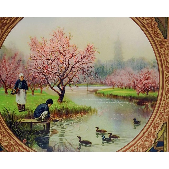 Vintage 1928 Chinese Chienmen Cigarette Advertising Poster Ducks Cherry Trees For Sale - Image 4 of 4