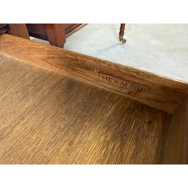 Hekman Regency Style Olive Wood & Mahogany End Tables With Drawer and Casters – A Pair For Sale - Image 10 of 12