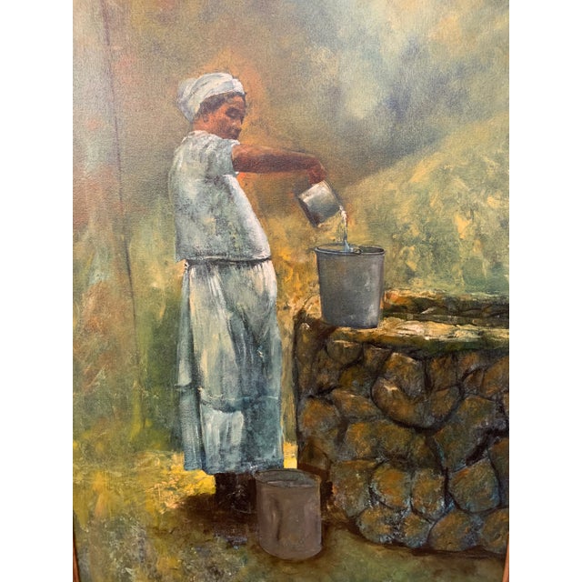 A stunning large figurative painting of a working farmer woman sourcing water by a well. The painting features earthy...