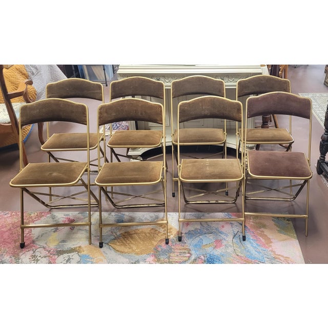 Metal 1950s Set 8 Mid Century Velveteen Folding Chairs For Sale - Image 7 of 10