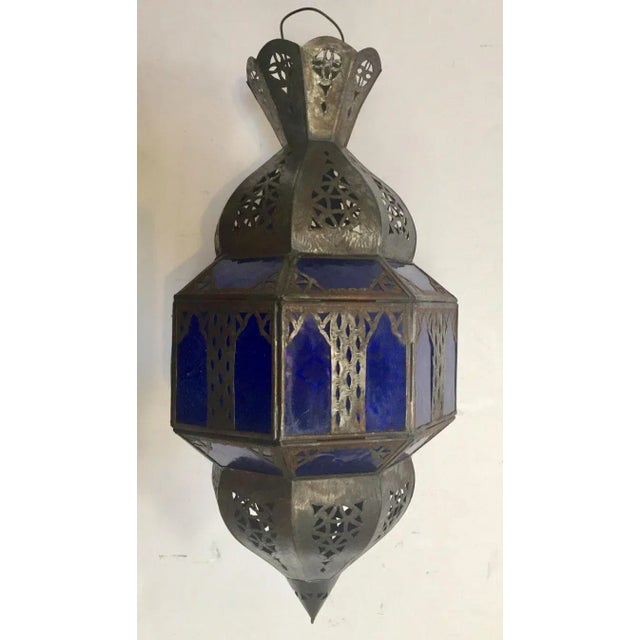 Handcrafted Moroccan Metal and Blue Glass Lantern, Octagonal Shape For Sale - Image 12 of 12