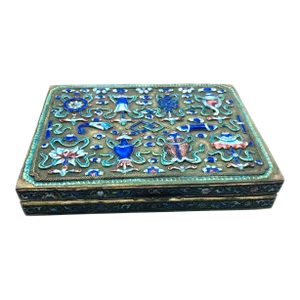 Antique Cantonese Enamel Silver Box With Buddhist Symbols