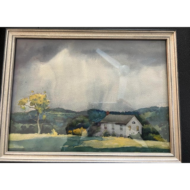 Folk Art Vintage Framed Watercolor Stormy Farm Landscape For Sale - Image 3 of 11