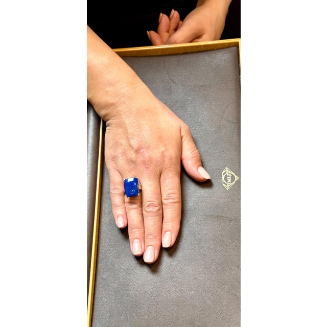 13 Ct Emerald cut Natural Lapis Lazuli Ring in 14 Kt Yellow Gold, Estate Size 8 For Sale - Image 13 of 18