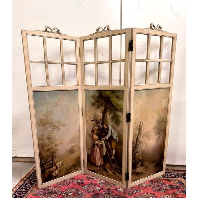 Louis XVI Three-Panel Screen with Romantic and Landscape Decorations, 1930s For Sale - Image 9 of 10