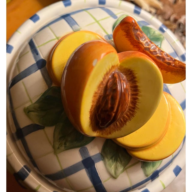 Vintage Bella Casa by Ganz Trompe L’Oeil Blue and White Plaid Peach / Peaches 3d Fruit Cookie Jar Canister For Sale - Image 11 of 11