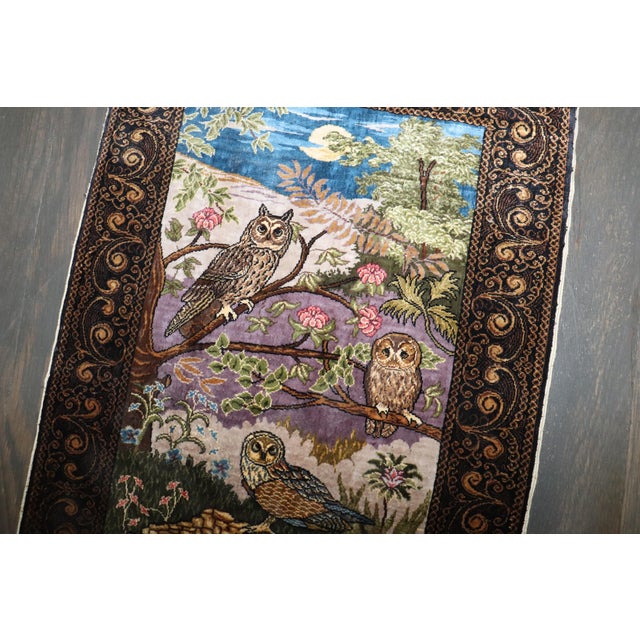 Brown Zabihi Collection Signed Turkish Silk Herekeh Owl Rug For Sale - Image 8 of 9