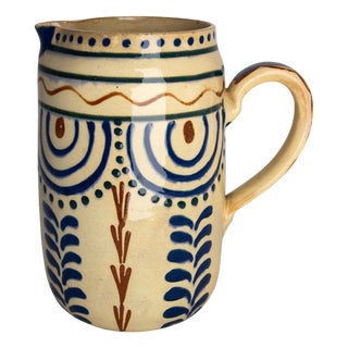Mid-Century French Pitcher Glazed Ceramic Red & Blue Patterns, 1950s For Sale