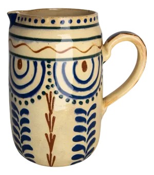 Mid-Century French Pitcher Glazed Ceramic Red & Blue Patterns, 1950s