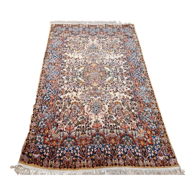 Vintage Persian Kerman Lavar Area Rug, Handwoven All-Over Floral Pattern, Ivory & Blue, 4’ X 7’ For Sale