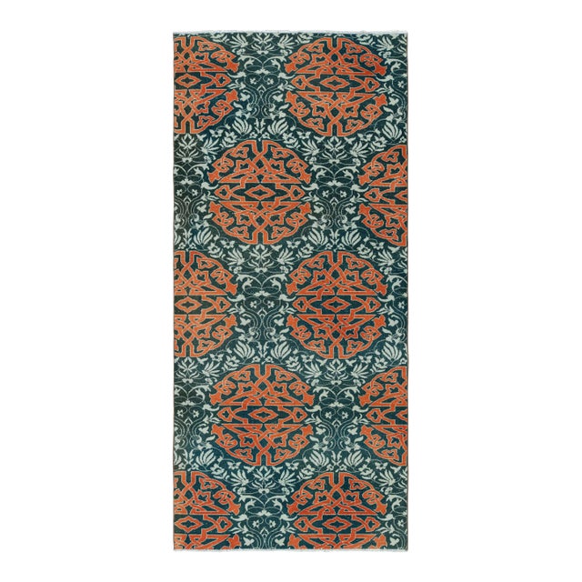 Vintage Hereke Runner Rug in Teal With Orange Arabesque Medallions | Rug & Kilim For Sale