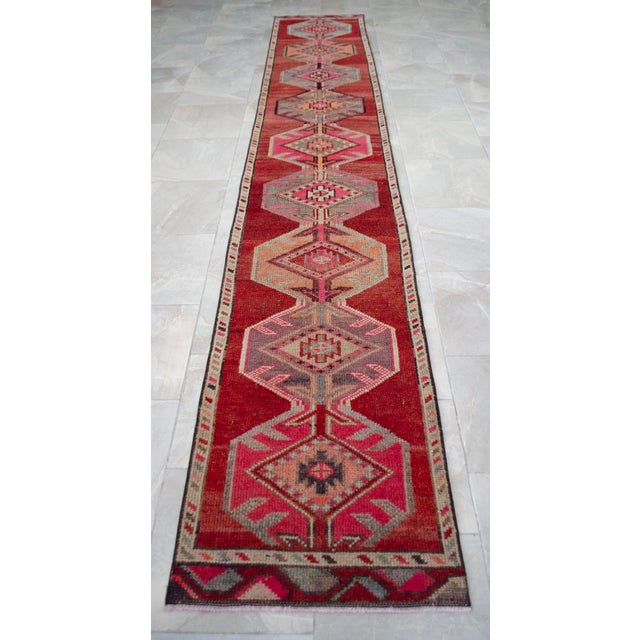 Textile 1950s Pink Turkish Hand-Knotted Runner Rug, Extra Long Narrow Hallway Decor 2x14 Ft Approx For Sale - Image 7 of 17