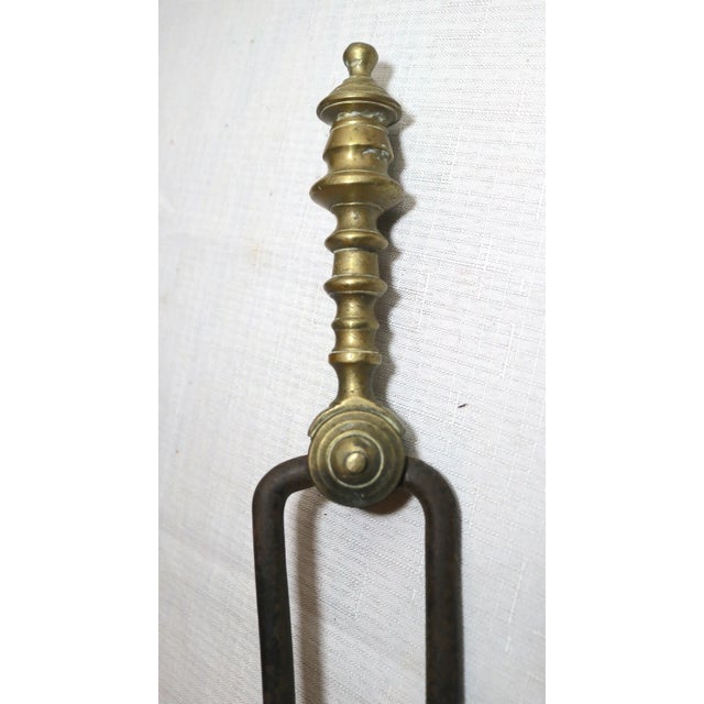 English Antique 18th Century Wrought Iron Turned Brass Dutch Fireplace Tongs Tool For Sale - Image 3 of 13