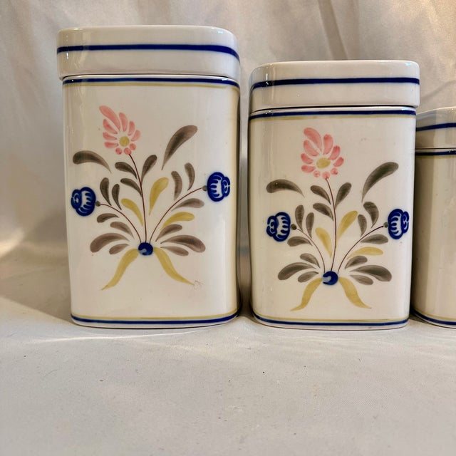 Traditional Vintage Portuguese Kitchen Canister Set Heavy Porcelain Handpainted Floral Motif - Set of 4 For Sale - Image 3 of 7