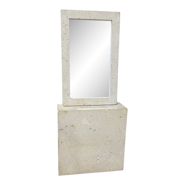 Mid Century Minimalist Natural Coral Coquina Stone Mirror and Console - 2 Piece Set For Sale
